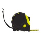 A closed black and yellow tape measure with a black strap. The metal tape slightly extends out from the casing on the right side, showing some measurement markings. The background is plain white.