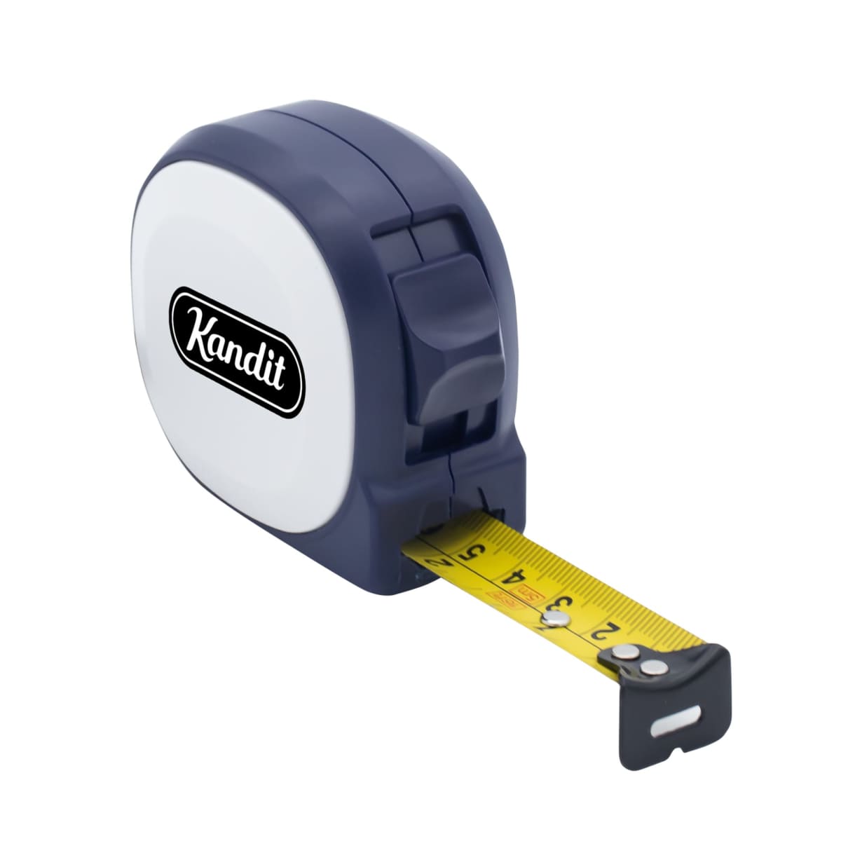 A blue and white tape measure with the brand name Kandit printed on the side. The yellow measuring tape is partially extended, showing a metallic end.