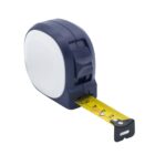 A blue and white tape measure with a yellow measuring tape partially extended. The tape displays black measurement markings, with the metal tab at the front. The device is set against a plain white background.