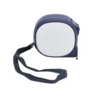 A compact blue and white tape measure with a black wrist strap, placed upright against a plain white background.