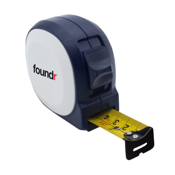 A closed blue and white tape measure with a partially extended yellow measuring tape showing numbers 2 and 3. The device has foundr printed on the side.