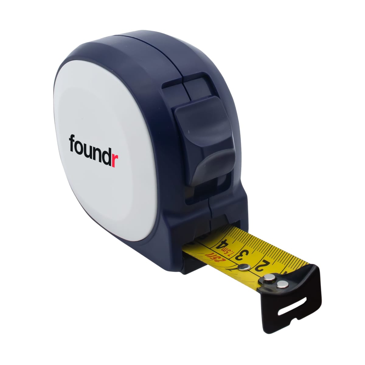 A tape measure with a blue and white casing labeled foundr. The yellow measuring tape is extended to approximately 3 inches, with black and red markings.