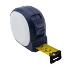 A retractable measuring tape with a dark blue and white casing. The yellow tape is extended, and displays measurements in centimeters.