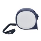 A blue and white retractable tape measure with a black wrist strap is shown against a white background.