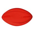 A bright red, oval-shaped object resembling a stylized leaf or lens, set against a plain white background. The object has smooth, flowing curves and subtle shading, giving it a three-dimensional appearance.