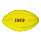 Yellow, football-shaped object with m&ms logo printed in brown in the center.