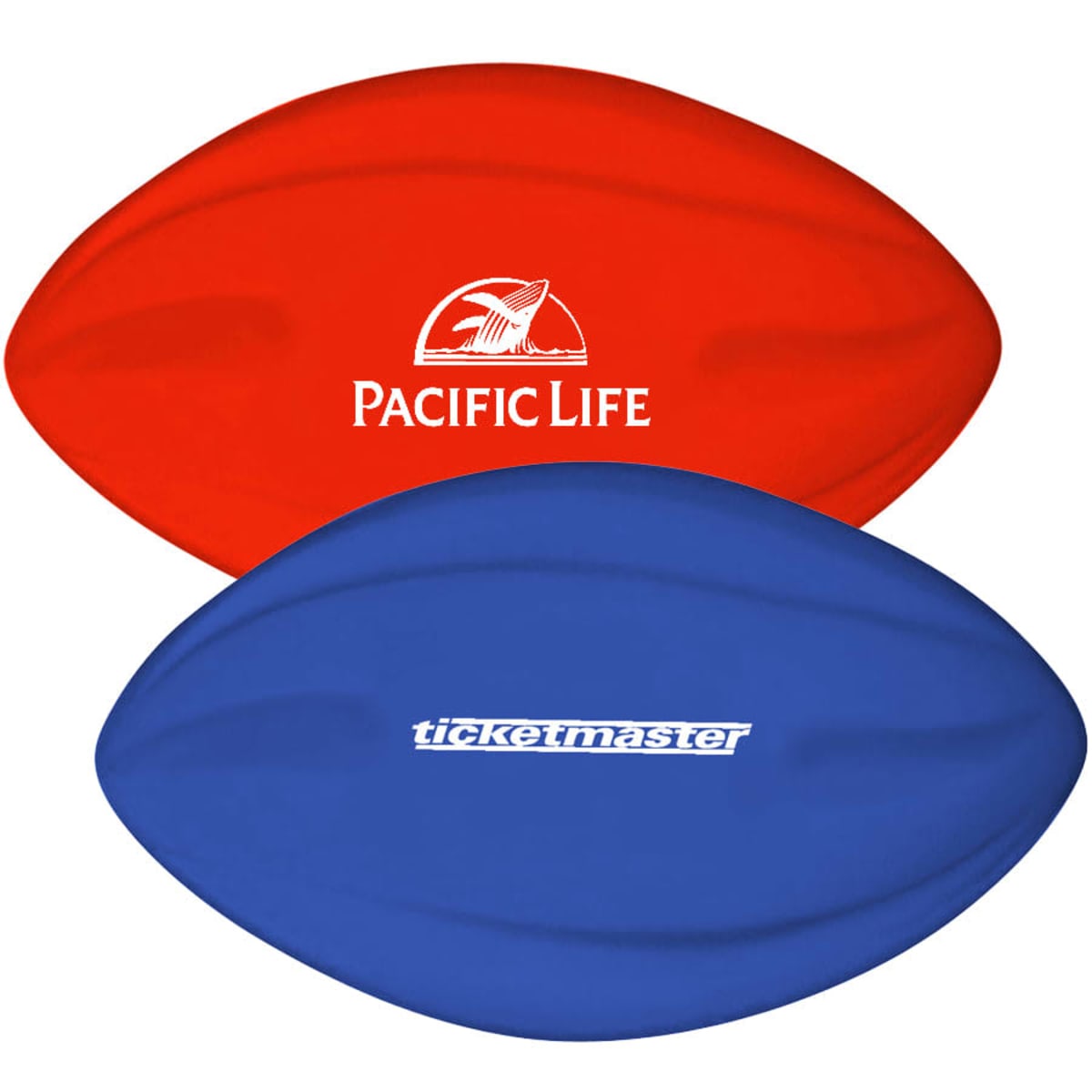 A red and blue football, each with a company logo. The red one has Pacific Life and a whale logo. The blue one has ticketmaster in white text.