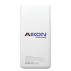 White power bank with Aikon Technology logo. It includes specifications like capacity, input, and output voltages. RoHS compliant and made in China.