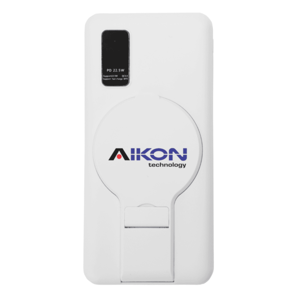 A white power bank with a circular wireless charging pad in the center, displaying the AIKON technology logo. It features a small black display in the top left corner indicating PD 22.5W.