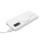 White wireless power bank with an integrated charging pad and a digital display. A cable is connected to its side, indicating its charging or discharging.