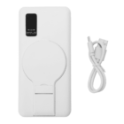 A white power bank with a foldable stand and a small digital display is shown next to a matching white USB cable.