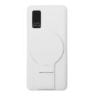 White power bank with a foldable phone stand on the back. The top left corner displays PD 22.5W and Support FCP, SCP, AFC. The design is sleek with a circular stand and clip.