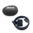 A small, black zippered case with B&G on the lid. Next to it, a braided USB-C to USB-C cable, wrapped neatly with a black velcro strap.