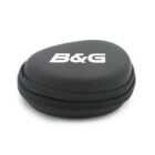 A black, round zippered carrying case with the letters B&G printed on top in white.