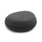 A small, black, oval-shaped zippered case with a smooth exterior. The case is partially open, showing the zipper detail, and is set against a white background. Ideal for storing small items or accessories.