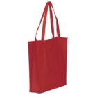 Red reusable tote bag with long handles, standing upright on a white background.