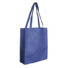 Plain blue reusable tote bag with two handles against a white background.