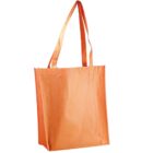 Orange reusable tote bag with long handles, standing upright on a white background.