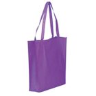Purple reusable tote bag with two handles, standing upright on a white background.