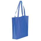 Blue reusable tote bag with long handles, standing upright on a white background.