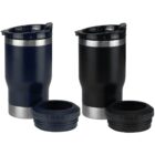Two insulated travel mugs are displayed with their lids removed and placed in front. One mug is navy blue, and the other is black, both featuring stainless steel accents and black plastic lids.