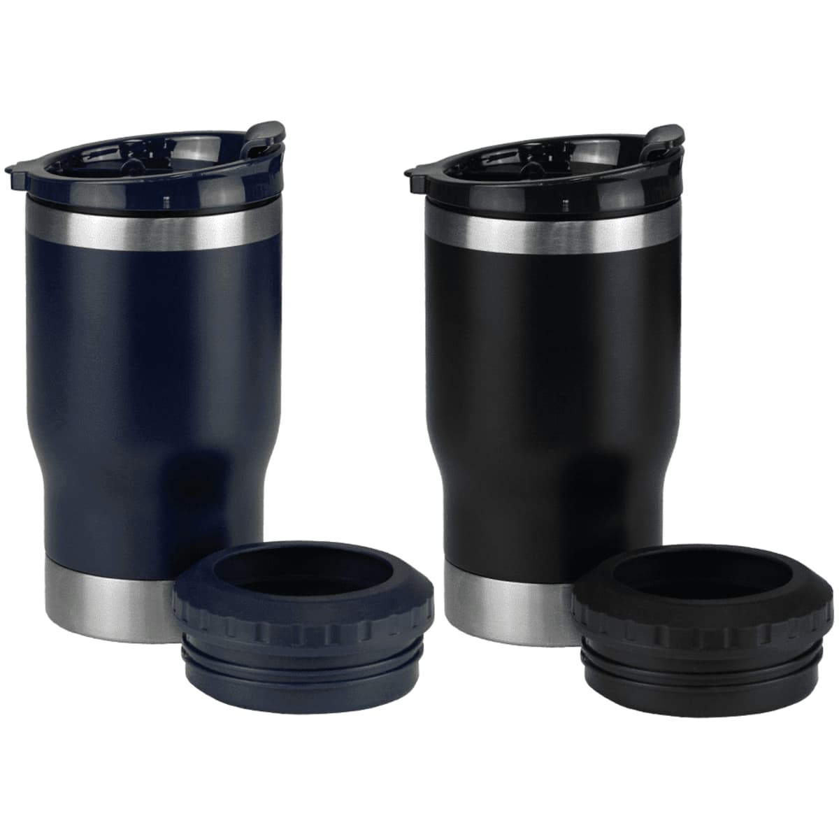 Two insulated travel mugs are displayed with their lids removed and placed in front. One mug is navy blue, and the other is black, both featuring stainless steel accents and black plastic lids.