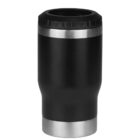 A black insulated tumbler with a silver base and lid. The sleek design has a smooth matte finish and is cylindrical in shape.