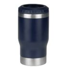 A navy blue insulated travel mug with a stainless steel base and lid, standing upright against a plain white background.