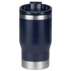 A stainless steel travel mug with a dark blue body and a silver base. It has a black lid with a slide opening. The mug is cylindrical and designed for hot or cold beverages.