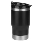 A black and stainless steel insulated travel mug with a black flip-top lid.