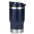 A blue stainless steel travel mug with a silver base and a black lid. The mug has a sleek, modern design and is slightly tapered towards the bottom. The lid features a sliding opening for easy drinking.