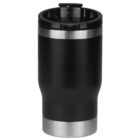 A black stainless steel tumbler with a silver base and black lid, designed for hot or cold beverages. It features a sleek, modern design.