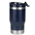 A dark blue insulated travel mug with a silver base and a black lid with a handle. The mug has a sleek, curved design, suitable for hot or cold beverages. It stands against a plain white background.