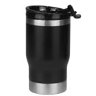 A black insulated travel mug with a silver base and a flip-top lid.