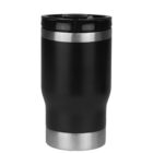 A sleek black travel mug with a stainless steel base and lid. The design is simple and modern, ideal for keeping beverages hot or cold.