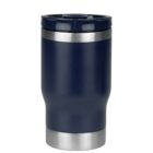 A navy blue stainless steel travel mug with a lid and a metallic base. The mug has a smooth, sleek design suitable for hot or cold beverages.