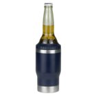 A beer bottle is held in a dark blue and silver insulated holder, designed to keep the drink cold. The bottle is partially visible, showing the beer inside. The background is plain white.
