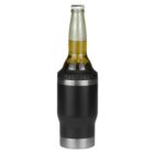 A glass bottle with a dark liquid is inside a black and metallic insulated holder. The bottle is transparent with a visible cap, and the holder covers most of it, extending from the base to the neck. The background is plain white.
