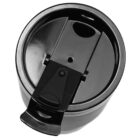 Top view of a black travel mug lid featuring a sliding cover for the drinking spout. The lid is shiny and circular, designed to prevent spills and keep beverages hot or cold.