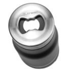 A stainless steel bottle featuring an integrated bottle opener in its cap, viewed from above.