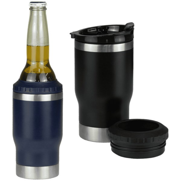 A beer bottle is placed in a navy blue and silver insulated koozie on the left. On the right, a black and silver insulated mug with a detachable lid is displayed.