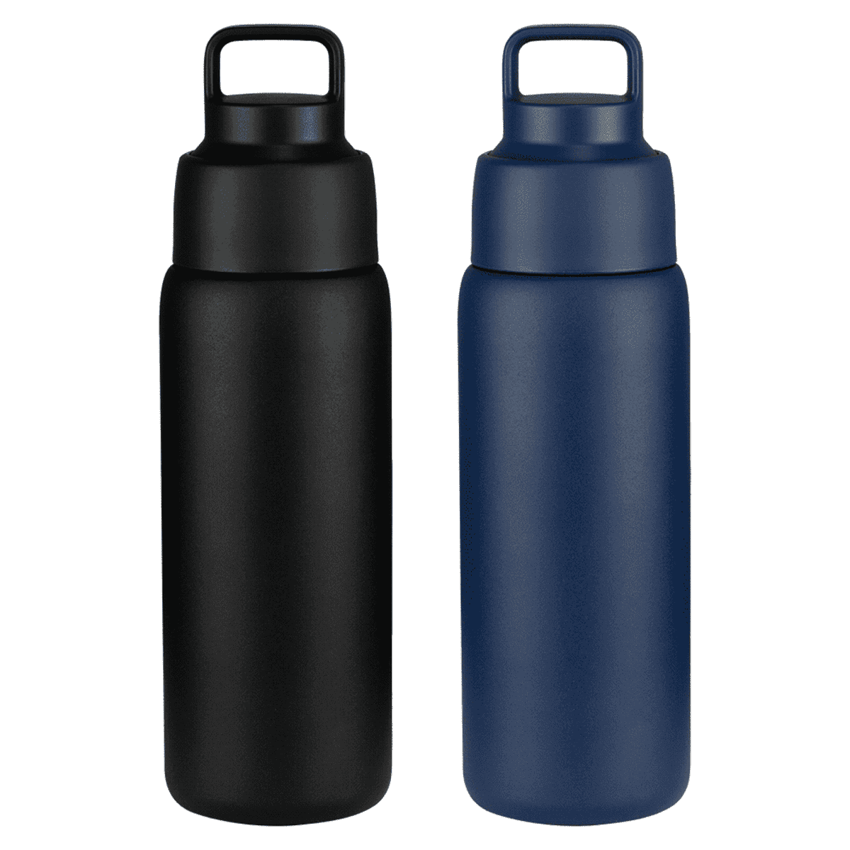Two insulated water bottles stand side by side against a white background. The bottle on the left is black, and the one on the right is navy blue. Both have a sleek design with screw-on lids featuring handles for easy carrying.