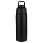 A sleek black water bottle with a simple design featuring a screw-on lid and a handle for easy carrying.