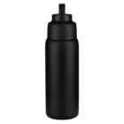 A sleek black water bottle with a twist-off lid and a loop handle on top, standing upright against a plain white background.
