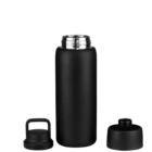 A black stainless steel thermos with its lid and cap removed, standing upright. The lid and cap are placed on the sides of the thermos, highlighting its open mouth and sleek design.