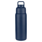 A sleek, blue reusable water bottle with a handle on the lid, standing upright against a white background.