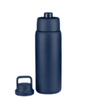 A dark blue water bottle with a smooth, matte finish is shown with a matching screw-on lid next to it. The bottle has a cylindrical shape with a slightly narrower top and a small spout for drinking.