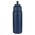 A plain, dark blue water bottle with a screw-on lid and a flip-up spout is centered against a white background. The bottle is made of plastic and has a smooth surface.