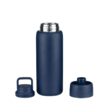 A dark blue insulated water bottle is shown with its lid detached and placed beside it. The lid has a slot for easy carrying.