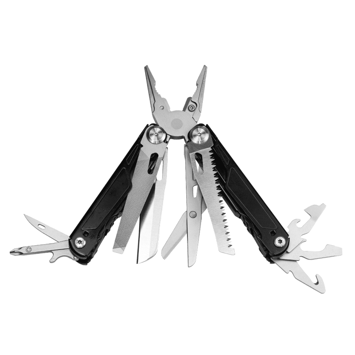 A multi-tool with various attachments, including pliers, a saw, a knife, and screwdrivers, displayed with all tools extended. The handles are black and metallic, featuring a compact, foldable design.